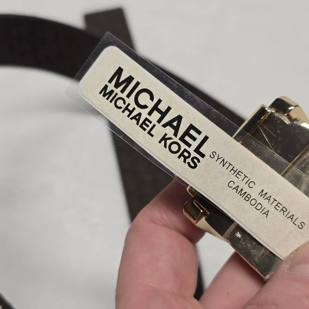 Michael Kors Women's Twist Reversible Logo Vegan Leather Belt Brown Cream L NWT